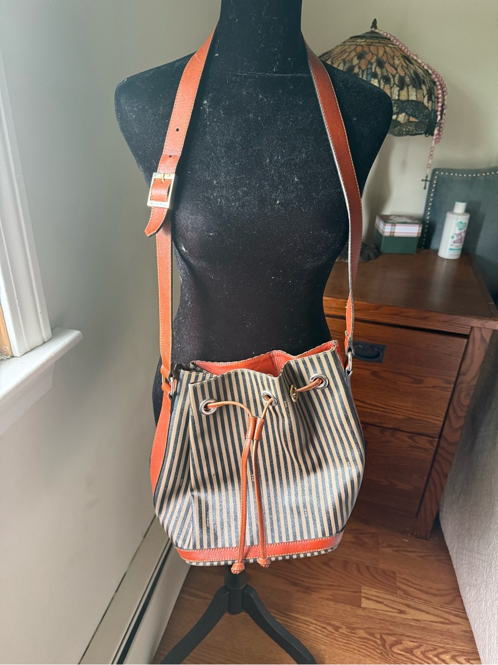 Boots n Bags Striped Canvas Bucket Bag with Tan Leather Trim